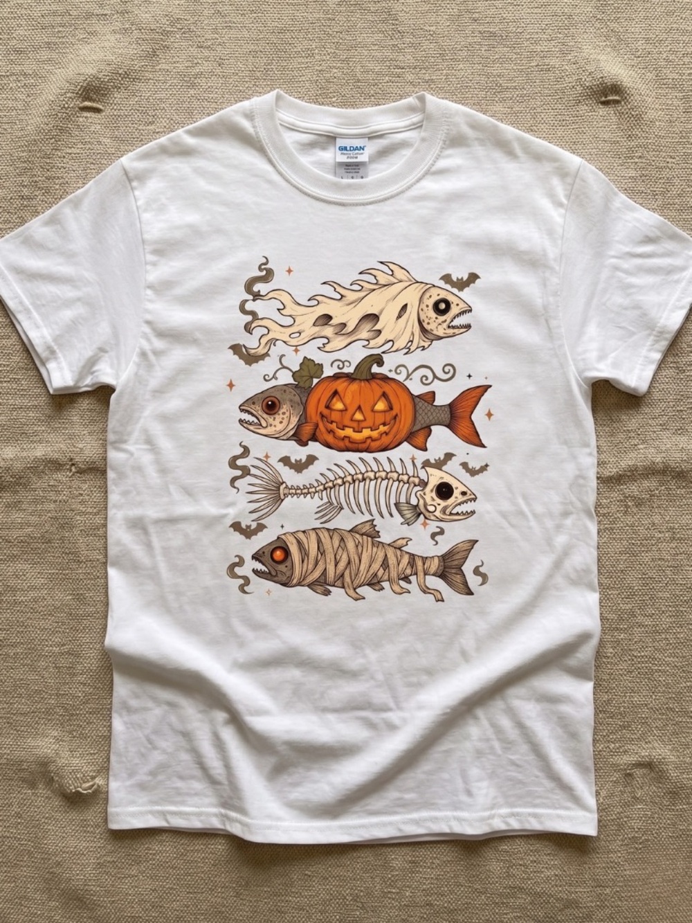 Halloween Fishing Graphic T-Shirt Spooky Trout Ghost Pumpkin Tee